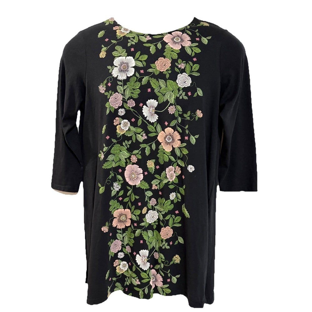 J. Jill Tunic Top Women's S Floral Black 3/4 Sleeve Pull Over Side Slit